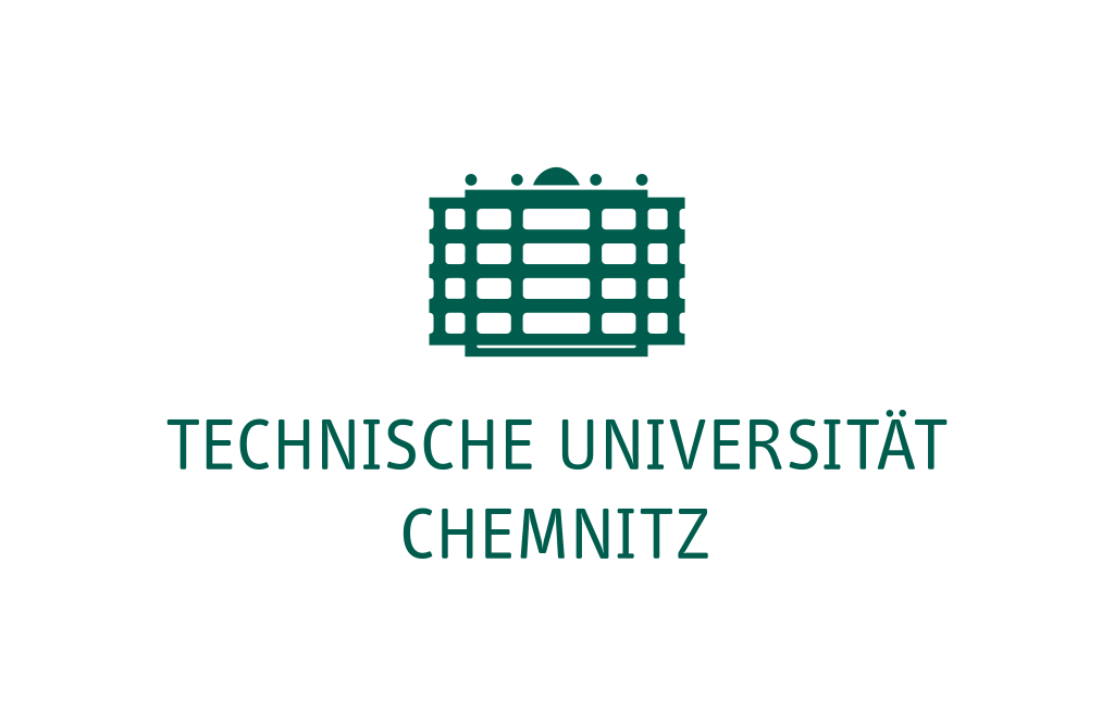 Logo der Technischen Universität Chemnitz in grüner Farbe mit stilisiertem Gebäude und Schriftzug.