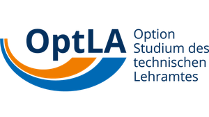 OptLA Logo für das Studium des technischen Lehramtes mit blauen und orangefarbenen Elementen.