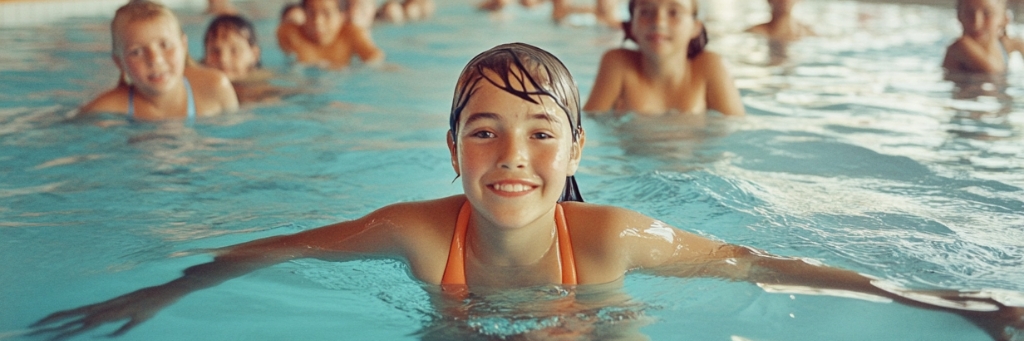 Schulklasse im Schwimmbecken, lächelndes Kind im Vordergrund