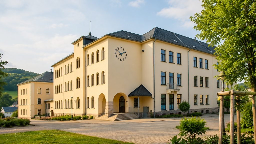 Schulgebäude in Eibenstock mit gelber Fassade, hohen Rundbogenöffnungen und schwarzem Dach; große Uhr an der Front und grüne Umgebung mit Bäumen.