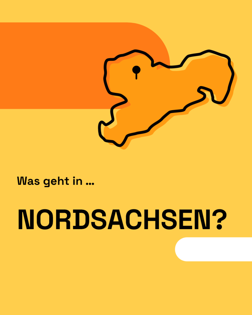 Gelbe und orange Infografik mit Umriss Nord­sachsens und dem Text „Was geht in ...“ sowie „NOR D SACHSEN?“
