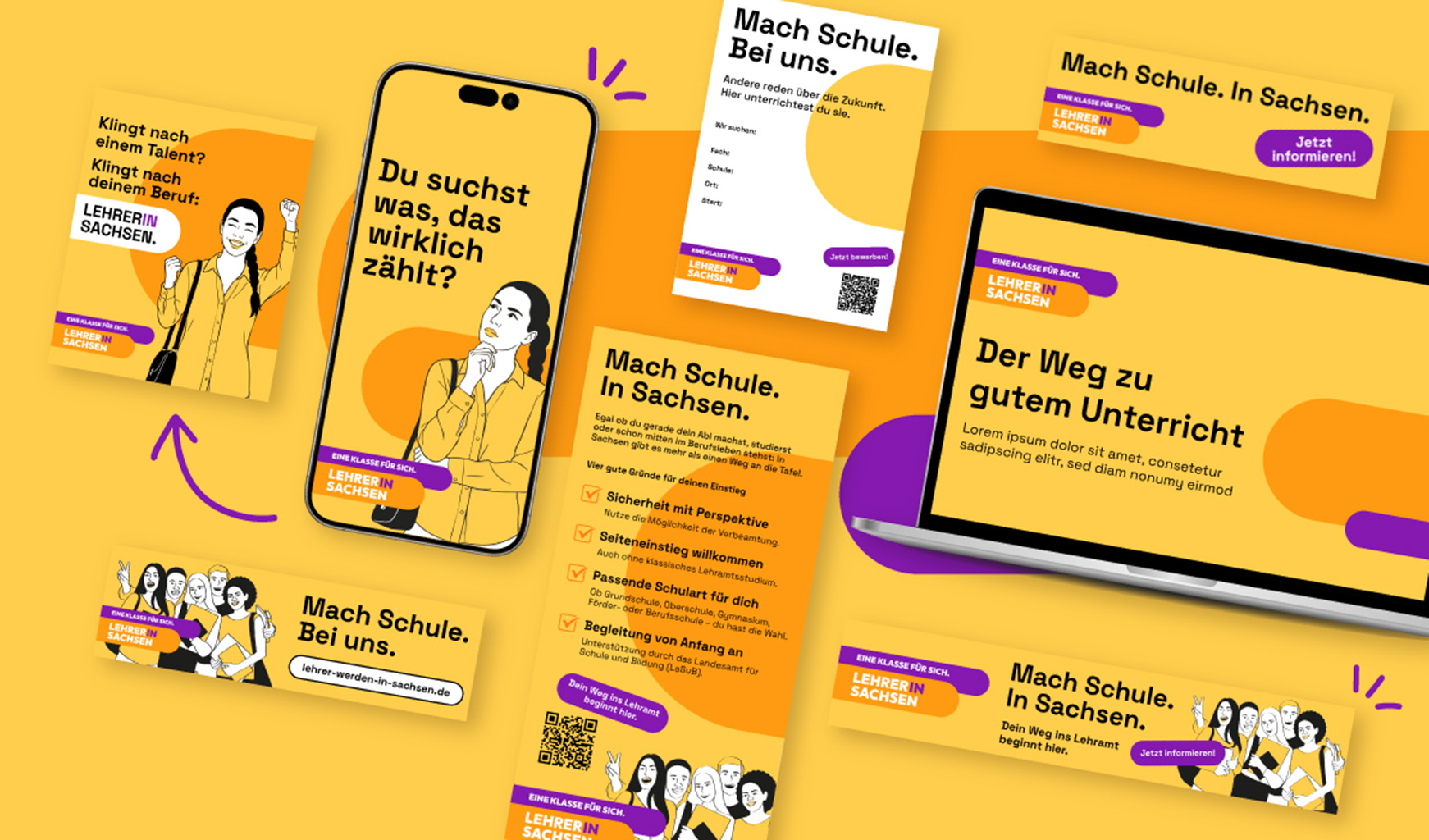 Mehrere Lehrerin-Sachsen-Motive auf Gelb und Orange zeigen Smartphone, Laptop und Poster mit Kampagnentexten.