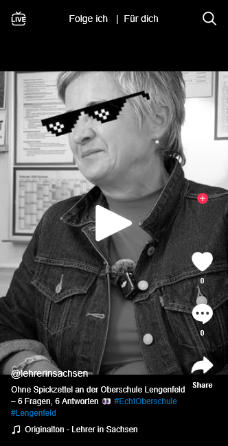 Eine Frau sitzt in einer TikTok-Ansicht, trägt pixelige Sonnenbrille und eine Jeansjacke; darunter steht @lehrerinsachsen.