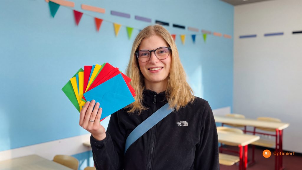 Svenja Furchner lächelt in einem Klassenraum und hält einen Fächer aus bunten Karten vor einer bunten Girlande.