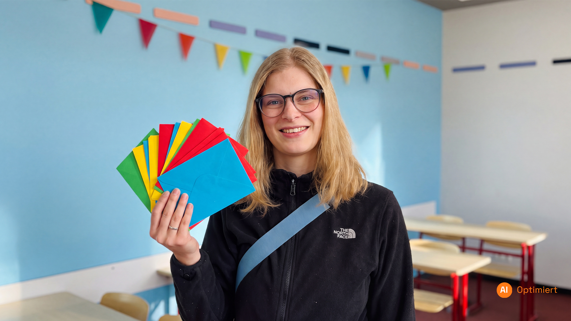 Svenja Furchner lächelt in einem Klassenraum und hält einen Fächer aus bunten Karten vor einer bunten Girlande.